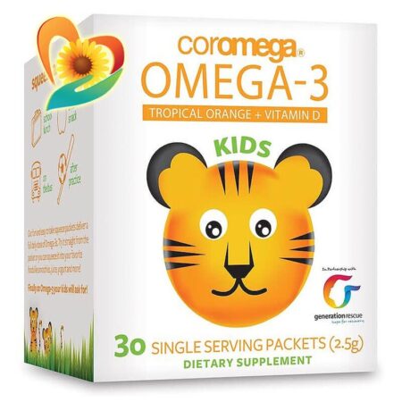 Coromega Kids, Омега-3 для детей 4+ со вкусом апельсина + витамин D, 30 пакетиков (2,5 г)